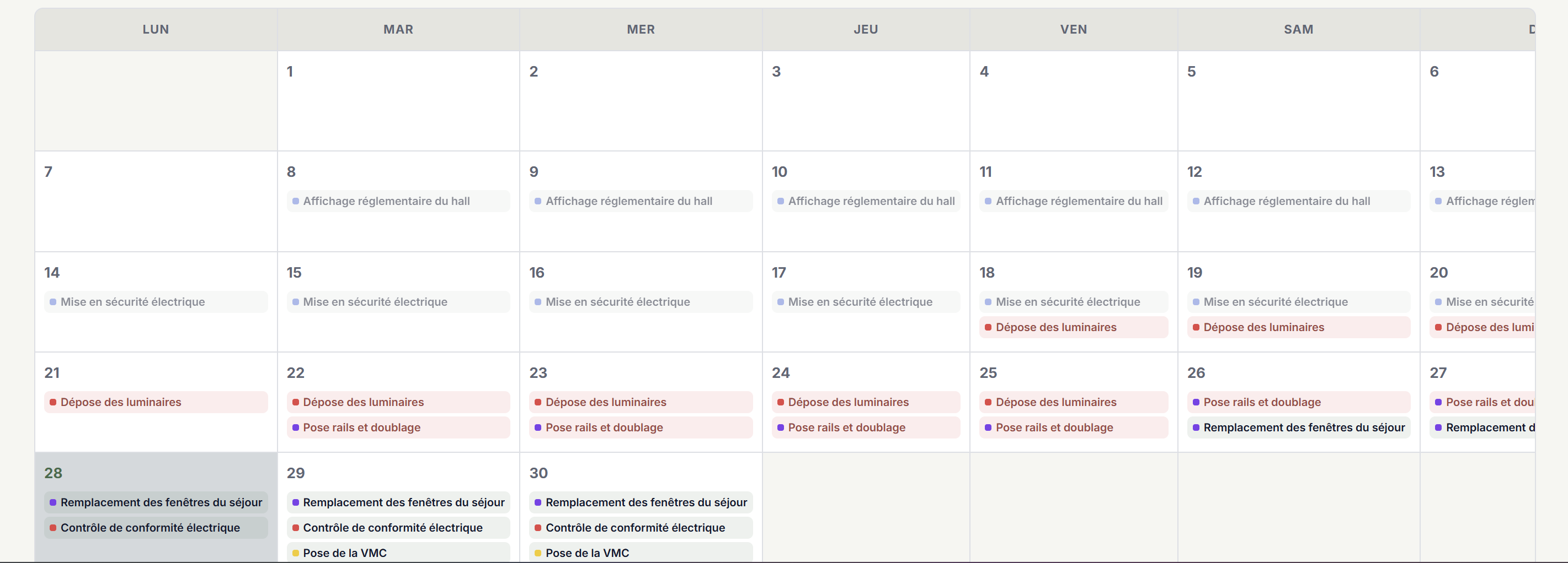 Calendrier réel d'OPC BIM Manager : les tâches du projet de démonstration réparties par jour, colorées par lot.