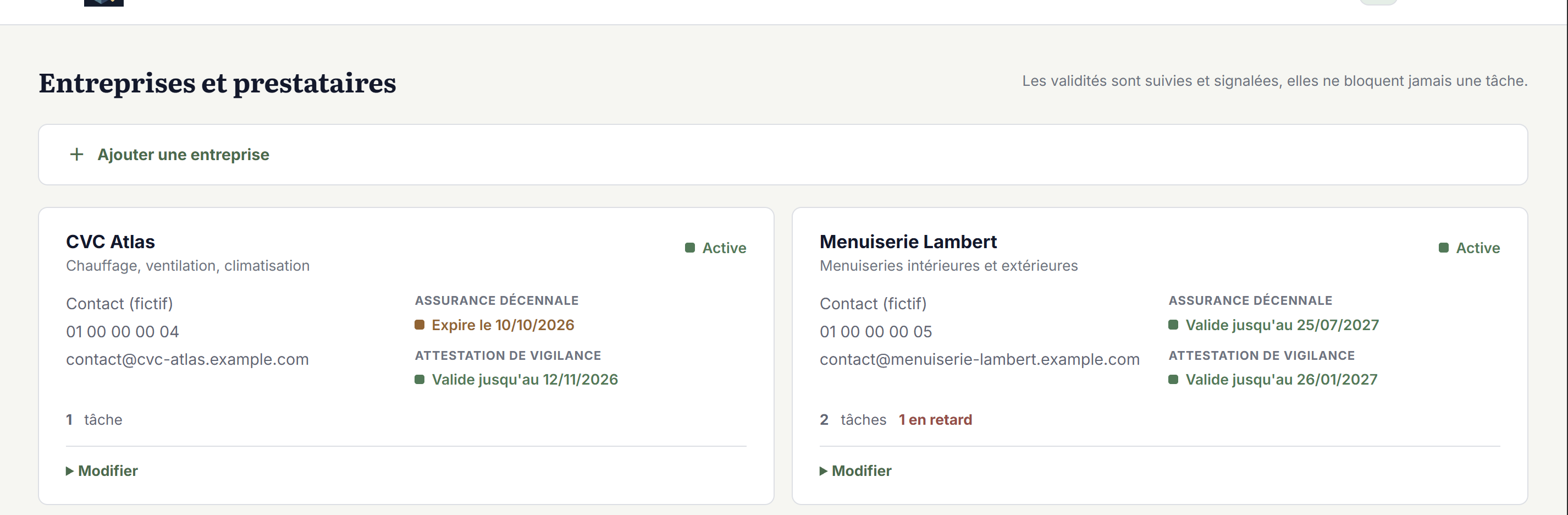 Annuaire réel des entreprises OPC BIM Manager : spécialité, contact et validités d'assurance décennale et d'attestation de vigilance.